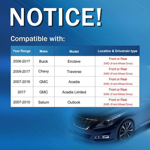 Compatibility chart for Front and Rear Wheel Bearing and Hub Assembly for Chevy Traverse, Buick Enclave, GMC Acadia, Acadia Limited, Saturn Outlook