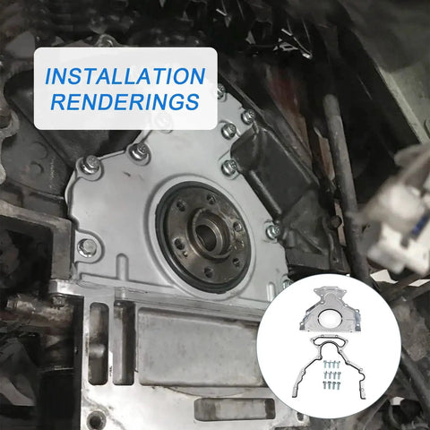 Rear Main Seal Kit For GM V8 Engines 4.8L 5.3L 6.0L 6.2L Fits Chevy Tahoe Suburban Silverado Express Avalanche Cadillac Escalade GMC Yukon Sierra Savana Replacement Replaces 635518 12633579 12639250 installation view showing die-cast aluminum cover and gasket
