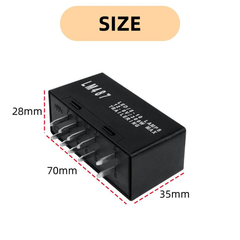 Side view of LED Flasher Turn Signal Relay For GM Trucks And SUVs Replaces LM487, showing dimensions 70mm x 28mm x 35mm.