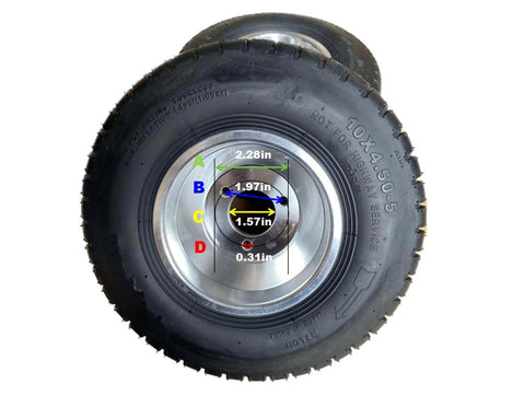 10''X4.5-5'' GO KART FRONT TIRES AND RIMS WITH 3 HOLES, view showing measurements of grain surface for improved friction