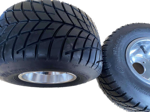 10''X4.5-5'' GO KART FRONT TIRES AND RIMS WITH 3 HOLES, 2 PCS IN BOX, grain surface for increased friction, suitable for drift trike and buggy