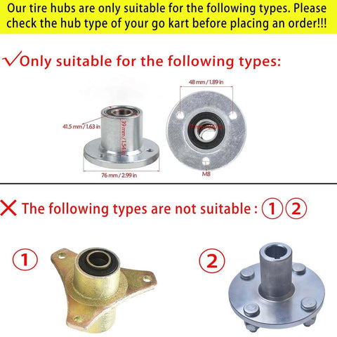 Compatibility guide for Go Kart Tires and Wheels, highlighting suitable and unsuitable hub types with measurements for fitment.