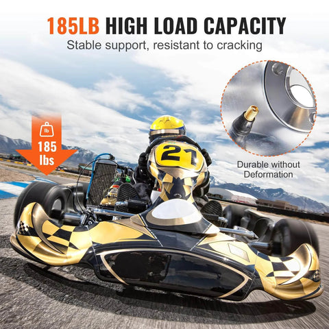 Go Kart Tires and Rims, 11x6-5" Go Kart Wheels, shown on racing go-kart, highlighting 185lb load capacity, aluminum alloy rims.