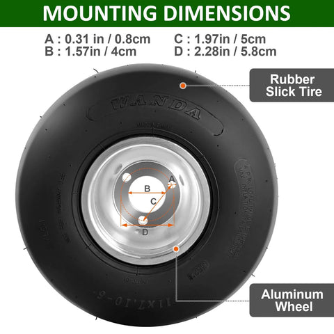 Close-up of Go Kart Tires and Wheels, Rear Wheel 11"x7.1"-5" with mounting dimensions and rubber slick tire on aluminum wheel.