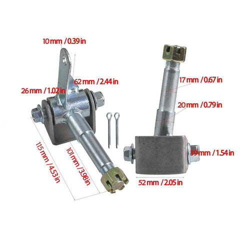 Metal front steering knuckle components with dimensions for 145/70-6 Go Kart Racing Tires assembly, including bolts and cotter pins.
