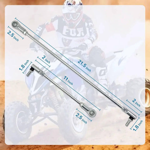DIY Short And Long Tie Rod Kit With Ends For Go Karts 3/8-24 Replacement Driver Side Short 11 Inches And Passenger Side Long 21 Inches Includes Tie Rod Ends Part Numbers 02064 Or 26000208 displayed with measurements in front of a go-kart.