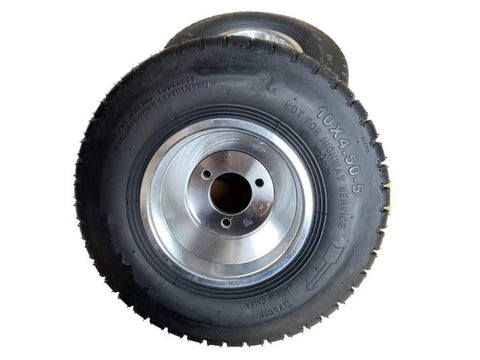 10''X4.5-5'' GO KART FRONT TIRES AND RIMS WITH 3 HOLES, grain surface, close-up view