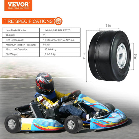 Go Kart Tires and Rims, 11x6-5" Go Kart Wheels, shown with detailed tire specifications and a racing go-kart in motion.