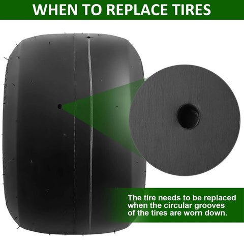 Go Kart Tires and Wheels, Rear Wheel 11"x7.1"-5", 2pcs slick tires showing worn tread with inset highlighting circular grooves.