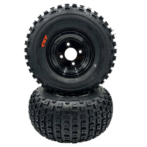 Set of 2-18x9.50-8 Knobby Wheel Assembly with black metal wheels for go karts and ATVs, tubeless design, side view