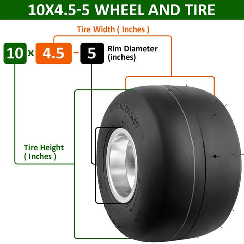 Diagram of Go Kart Tires and Wheels, Front Wheel 10x4.5-5", showing tire dimensions and slick design with aluminum rim.