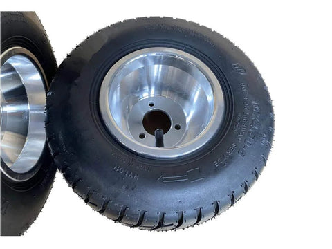 10''X4.5-5'' GO KART FRONT TIRES AND RIMS WITH 3 HOLES,2 PCS IN BOX,TIRES WITH GRAIN SURFACE for increased friction and safety.