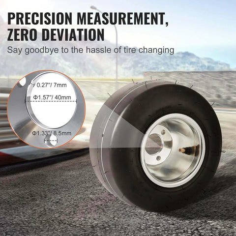 Go Kart Tires and Rims, 10x4.5-5" Go Kart Wheels with Aluminum Alloy Rims shown on track with detailed bolt hole measurements