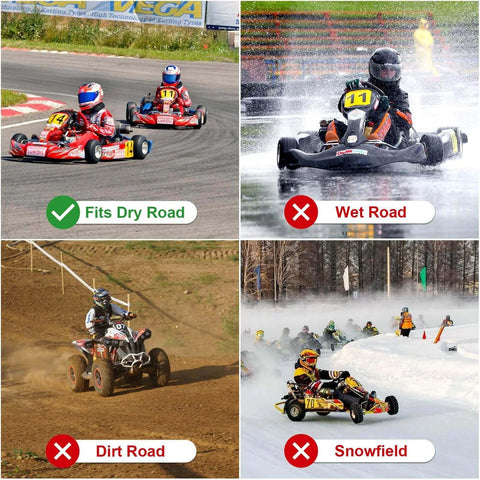 Go karts on dry track and wet conditions, ATV on dirt road, and go karts on snowfield, highlighting tire suitability for each surface.