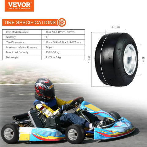 Go Kart Tires and Rims, 10x4.5-5" Go Kart Wheels, 2-Pack Front Wheels with specifications and a racing kart in the background
