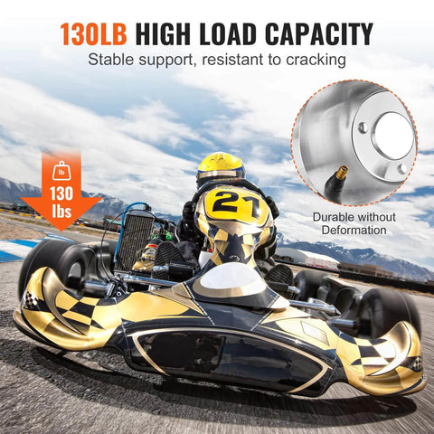 Racing go-kart with Go Kart Tires and Rims, 10x4.5-5" Go Kart Wheels, Aluminum Alloy Rims, 130lb load capacity shown.