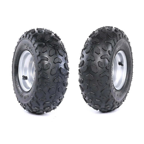 Two 145/70-6 go kart racing tires with 6 inch tubeless wheels and 3 stud hubs, showing detailed tread pattern for karting and ATV use.