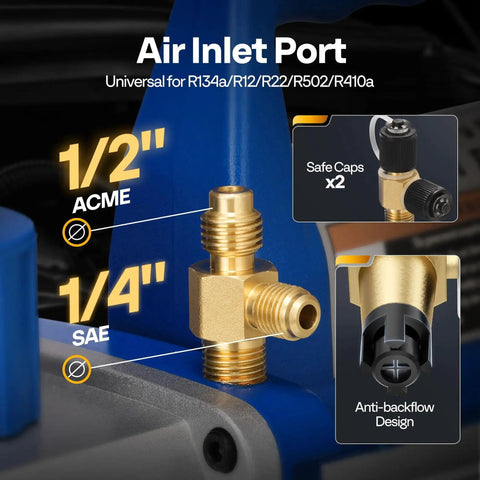 Go-To 110V 1/4 HP Single Stage Rotary Vane Vacuum Pump air inlet port with ACME and SAE fittings, safe caps, anti-backflow design