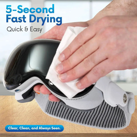 Hand cleaning eyeglasses with lens wipe; packaging states '5-Second Fast Drying.' Lens Wipes for Eyeglasses and Camera Lenses Premoistened Scratch Free 500 Wipes