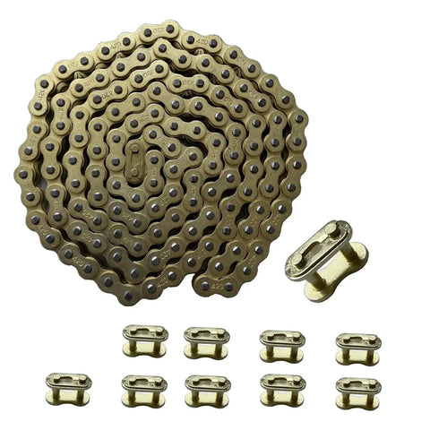 Gold 420 Motorcycle Chain 132 Link Standard Roller Chain With Chain Breaker And 10 Master Links displayed on white background