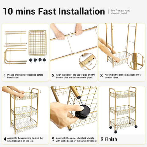 Step-by-step assembly of 3 Tier Rolling Utility Cart With Mesh Baskets And Gold Finish Easy Assembly. Features steel frame and lockable wheels.