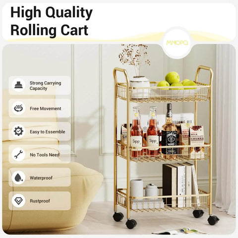 3 Tier Rolling Utility Cart With Mesh Baskets And Gold Finish Easy Assembly in a living room setting