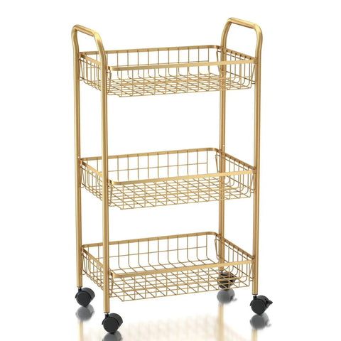 3 Tier Rolling Utility Cart With Mesh Baskets And Gold Finish Easy Assembly A Real Workhorse On Wheels For Kitchen Living Room Office And Salon Portable Service Cart Durable Steel Frame Space Saver And Versatile Trolley