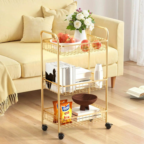3 Tier Rolling Utility Cart With Mesh Baskets And Gold Finish Easy Assembly in living room setting