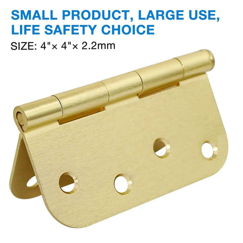 4x4 inch satin brass hinge with eight holes, part of 12 Pack 4x4 Inch Gold Exterior Door Hinges Heavy Duty Iron With Eight Holes Five Eighths Inch For Doors Cabinets Gates Sheds Coops Indoor Outdoor Use Includes Screws Quick Install