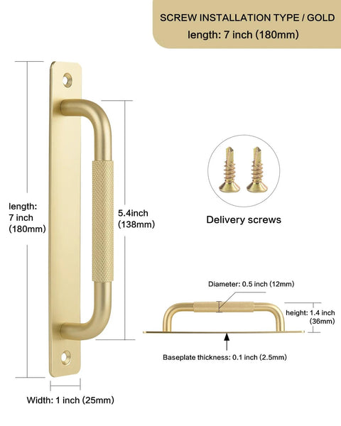 Gold 7-inch barn door handle 2-pack with backplates, screws, and knurled grip, perfect for sliding closet doors and cabinets.
