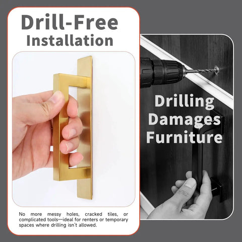 Gold Finish 4 Pack Self Adhesive Cabinet Door Handles No Drill Hardware for easy installation, highlighting no-drill feature.