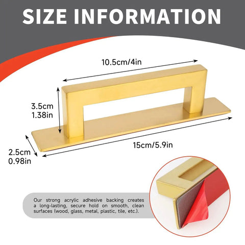 Gold Finish 4 Pack Self Adhesive Cabinet Door Handles size details and adhesive backing view