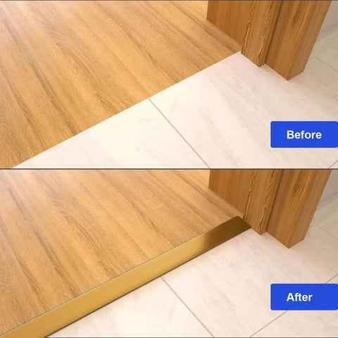 Before and after installation of T Molding Floor Transition Strip, Aluminum Laminate Flat Divider for Joining Gaps, Threshold, Tiles, Gold, 4ft x 1.6in.