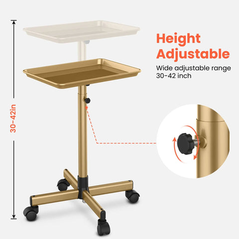 Gold Aluminum Salon Rolling Tray On Wheels With Adjustable Height For Hairstylists Ample Storage For Hair Tools Tattoo Equipment And Clinic Use Premium Trolley showing height adjustment range 30-42 in.