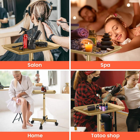 Gold Aluminum Salon Rolling Tray On Wheels With Adjustable Height For Hairstylists Ample Storage For Hair Tools Tattoo