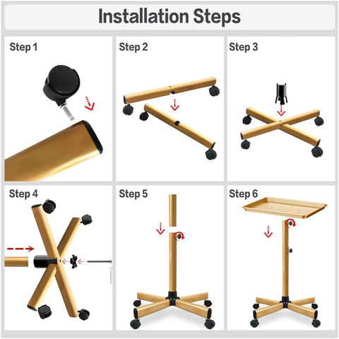 Installation steps for Premium Aluminum Salon Tray With Adjustable Height From 26 To 43 Inches On Wheels, showing assembly process.