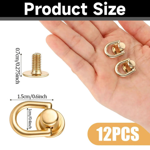 Rotatable Ball Post Head Buttons Set of 12 Pieces with D Ring Metal Rings in hand, showing gold tone finish and size details