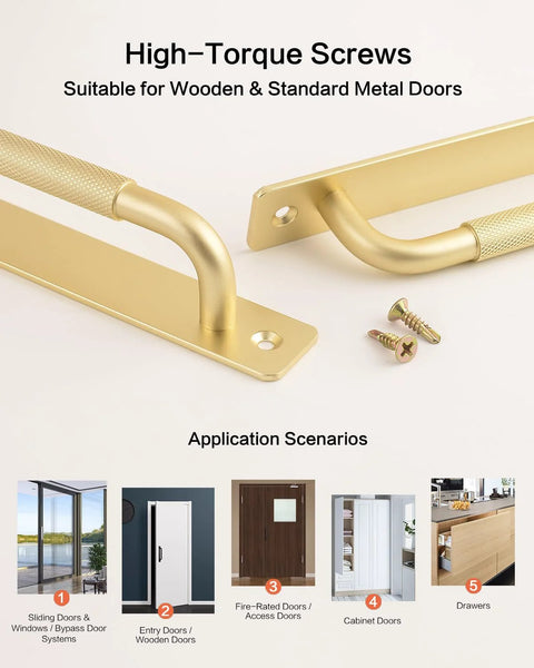 Close-up of 2 Pack Gold 7 Inch Barn Door Handles For Sliding Closet Doors With Backplates And Drawer Pulls, screws shown