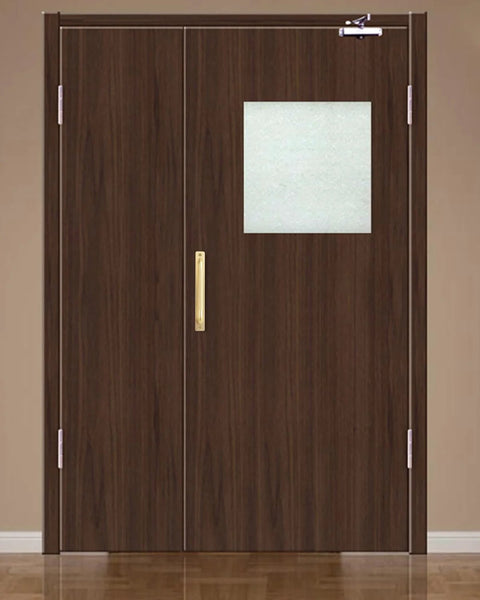 Scene showing a brown sliding closet door with a gold handle from the 2 Pack Gold 7 Inch Barn Door Handles For Sliding Closet Doors With Backplates.