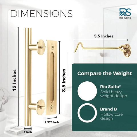 Gold Barn Door Handle Kit With Latch Lock Set Brass Finish For One Door Closet Sliding Doors Includes Twelve Inch Pull Handle Bar And An Eight Point Five Inch Flush Pull Plate Matching Gold Screws Two Three Eight Inch Round Pads And A Five Point Five
