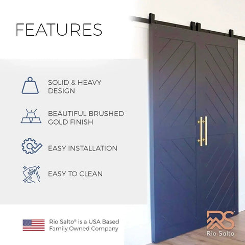12-Inch Gold Barn Door Handle Kit With Latch Lock Set for Closet Sliding Doors on dark wooden door, features listed