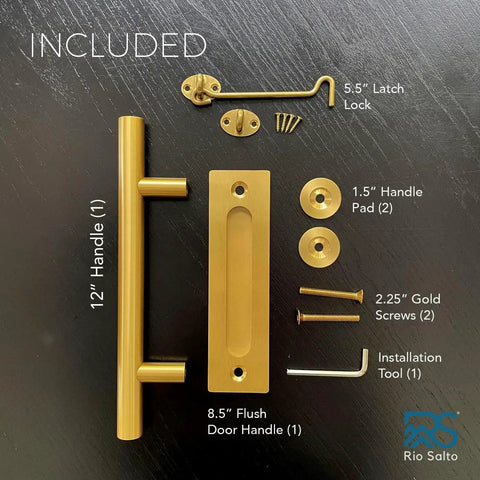 12-Inch Gold Barn Door Handle Kit With Latch Lock Set For Closet Sliding Doors, Includes Pull Handle, Flush Plate, Matching Gold Screws