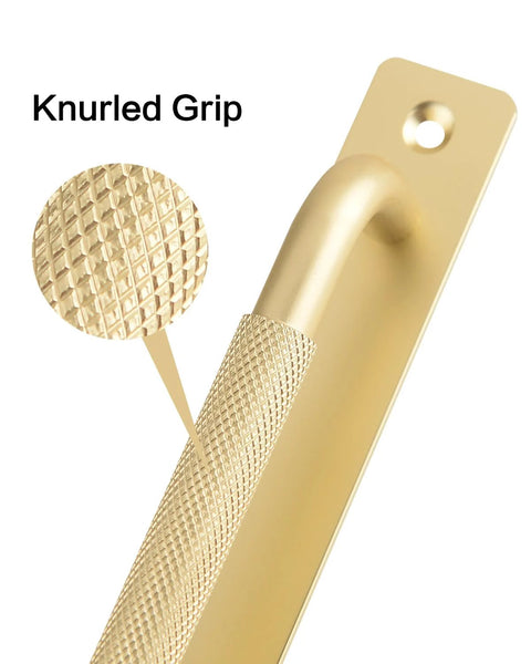 Close-up of gold door handle showing knurled grip feature, part of 2 Pack Gold 7 Inch Barn Door Handles For Sliding Closet Doors With Backplates.