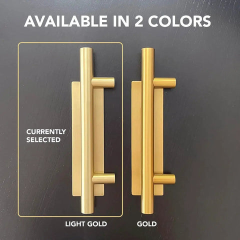 Gold Barn Door Handle Kit With Latch Lock Set Brass Finish For One Door Closet Sliding Doors Includes Twelve Inch Pull Handle Bar And An Eight Point Five Inch Flush Pull Plate Matching Gold Screws Two Three Eight Inch Round Pads And A Five Point Five showing two color options, gold and light gold.