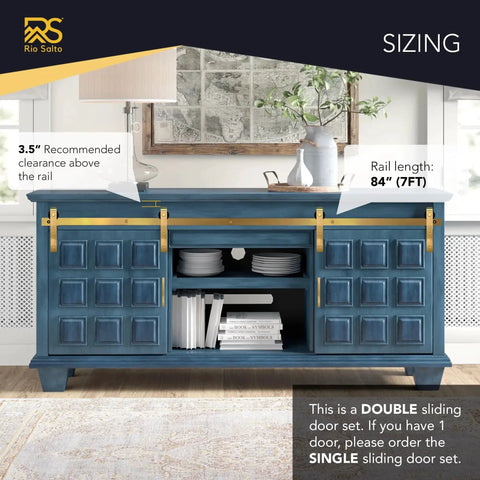 Gold Mini Barn Door Hardware Kit 7Ft Track With Handles For Double Doors And Cabinets installed on blue media console