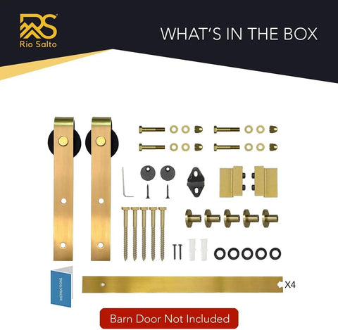Gold Barn Door Hardware Kit For 59 Inch Sliding Track Internal Modern Interior Aluminum Kit With Brushed Brass Finish Complete Mounting Hardware Smooth Operation No Door Included Ready To Install displayed with components
