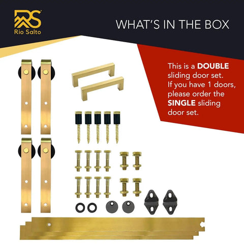 Gold Mini Barn Door Hardware Kit 7Ft Track With Handles for Double Doors and Cabinets contents