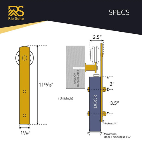 Technical specifications of Gold Barn Door Hardware Kit for 59 Inch Track with measurements in inches shown.