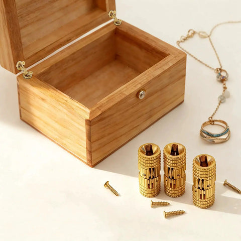 Hidden Brass Barrel Hinges Set With 8 mm Drill Bit for Wooden Boxes shown next to jewelry box and gold finish hinges.