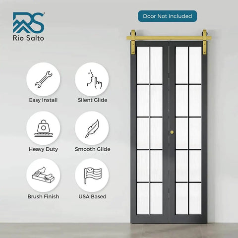 Gold Finish Bifold Sliding Barn Door Hardware Kit For Two Doors 36 Inch Track Heavy Duty Metal System No Door Included